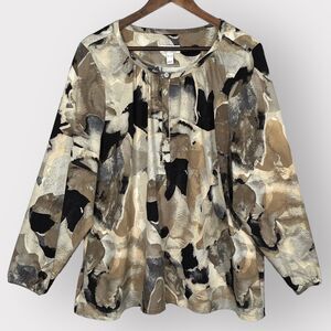 D & Co.‎ Blouse Top Women Size XL Multicolor Printed Boatneck Button-Placket